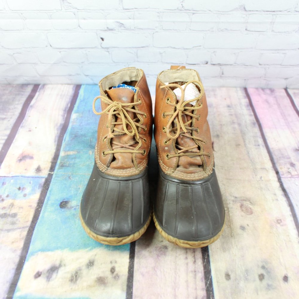 Vintage LL Bean Unlined Brown Leather Lace Up Leather Duck Boots Size 7 - Picture 5 of 9